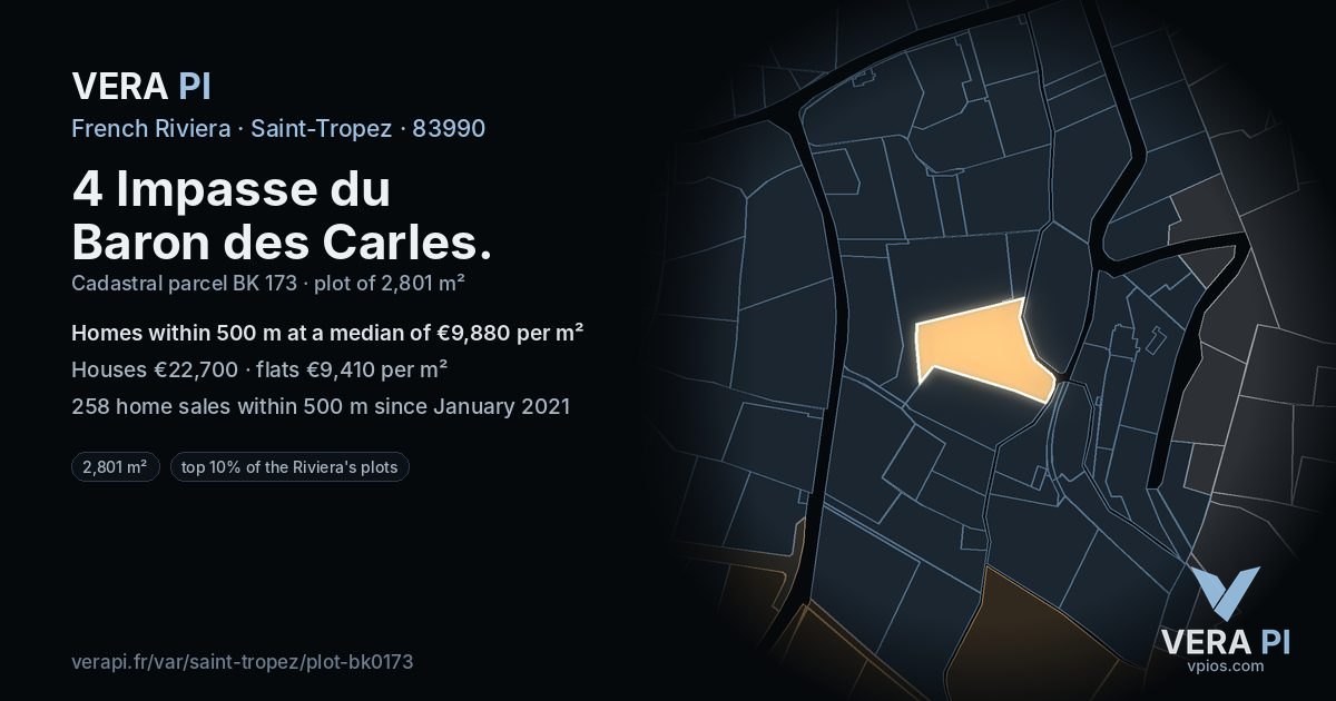 4 Impasse du Baron des Carles, Saint-Tropez at night – the plot lit, the parcels around coloured by the prices near them
