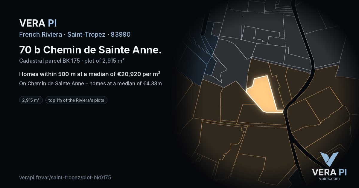 70 b Chemin de Sainte Anne, Saint-Tropez at night – the plot lit, the parcels around coloured by the prices near them