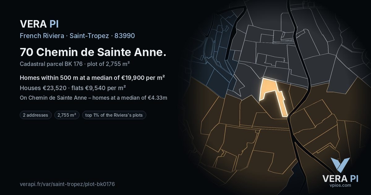 70 Chemin de Sainte Anne, Saint-Tropez at night – the plot lit, the parcels around coloured by the prices near them