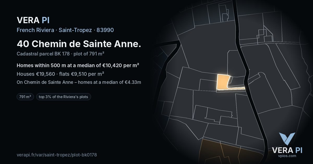 40 Chemin de Sainte Anne, Saint-Tropez at night – the plot lit, the parcels around coloured by the prices near them