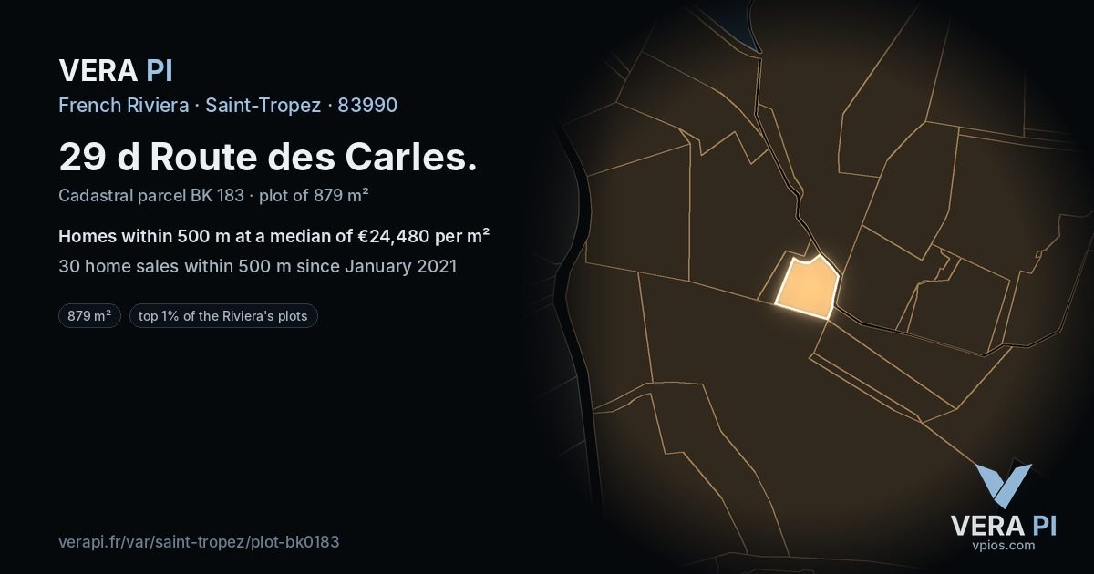29 d Route des Carles, Saint-Tropez at night – the plot lit, the parcels around coloured by the prices near them