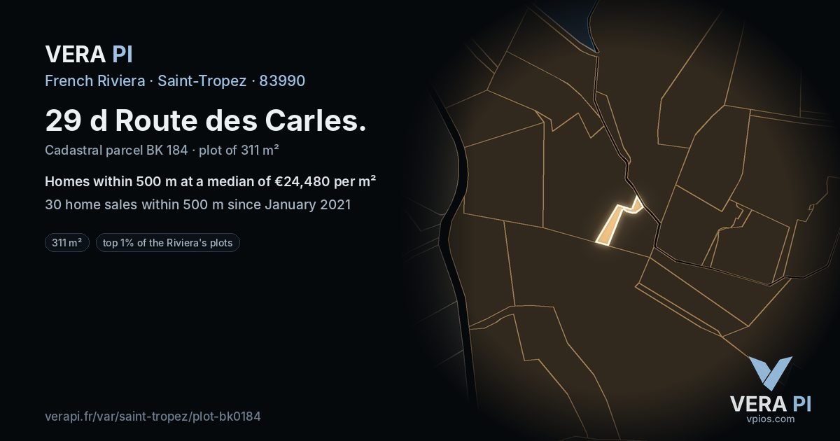 29 d Route des Carles, Saint-Tropez at night – the plot lit, the parcels around coloured by the prices near them