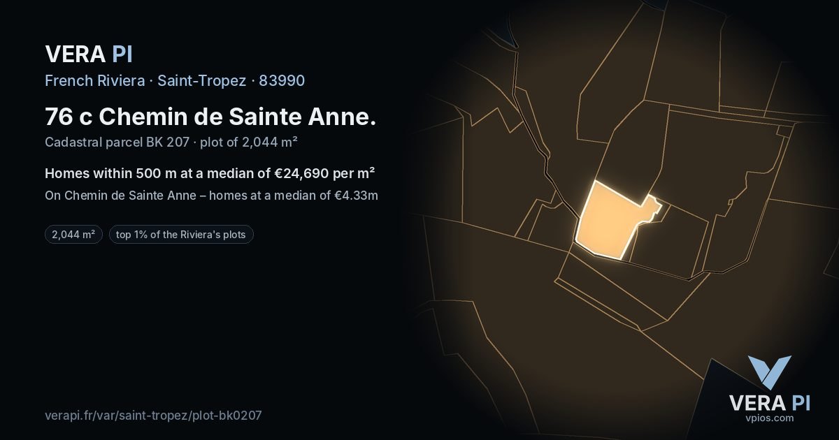 76 c Chemin de Sainte Anne, Saint-Tropez at night – the plot lit, the parcels around coloured by the prices near them