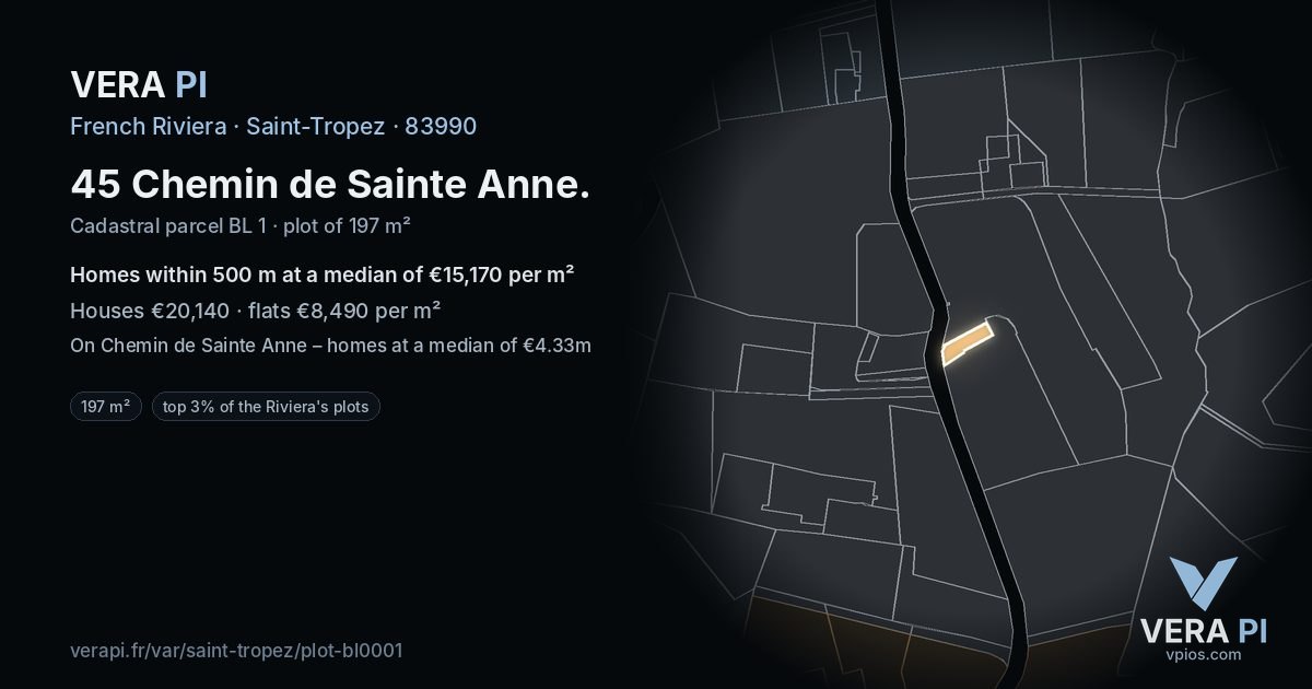 45 Chemin de Sainte Anne, Saint-Tropez at night – the plot lit, the parcels around coloured by the prices near them