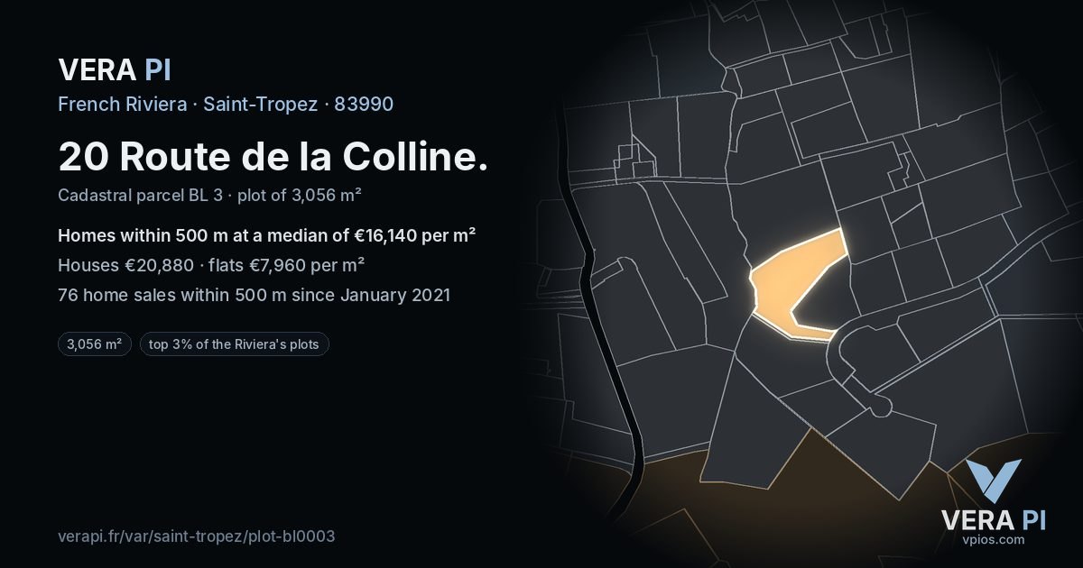 20 Route de la Colline, Saint-Tropez at night – the plot lit, the parcels around coloured by the prices near them