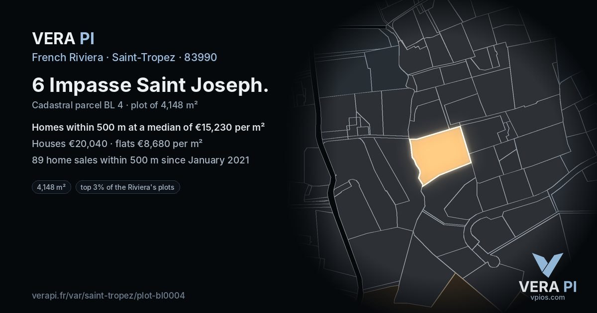 6 Impasse Saint Joseph, Saint-Tropez at night – the plot lit, the parcels around coloured by the prices near them