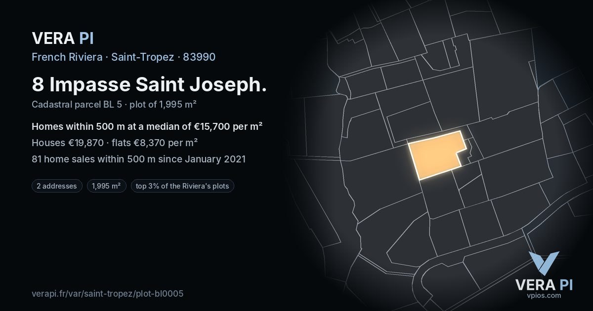 8 Impasse Saint Joseph, Saint-Tropez at night – the plot lit, the parcels around coloured by the prices near them