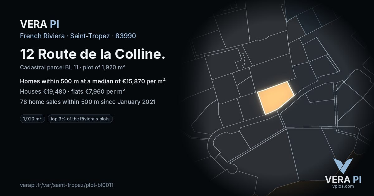 12 Route de la Colline, Saint-Tropez at night – the plot lit, the parcels around coloured by the prices near them