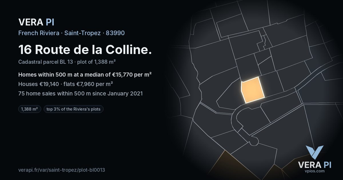 16 Route de la Colline, Saint-Tropez at night – the plot lit, the parcels around coloured by the prices near them