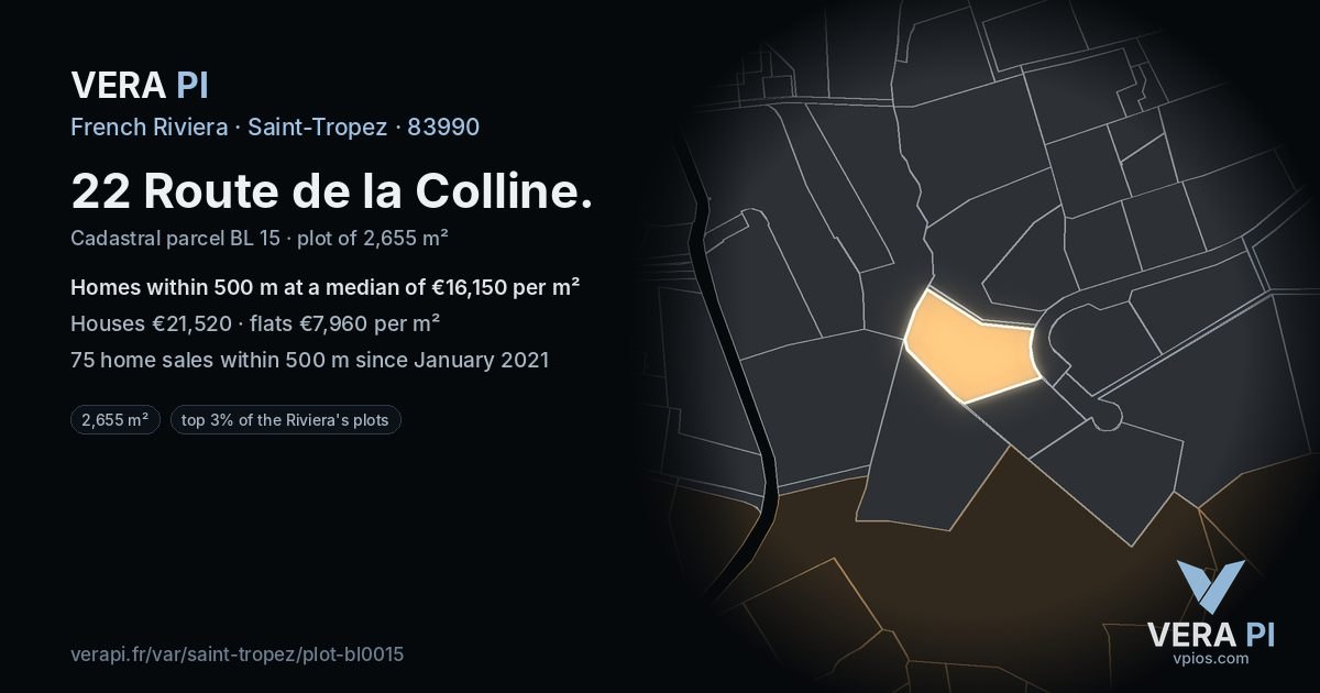 22 Route de la Colline, Saint-Tropez at night – the plot lit, the parcels around coloured by the prices near them