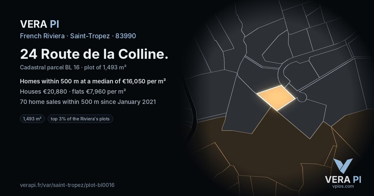 24 Route de la Colline, Saint-Tropez at night – the plot lit, the parcels around coloured by the prices near them