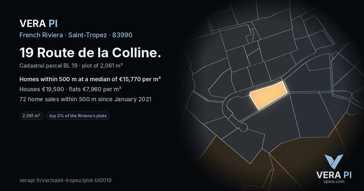 19 Route de la Colline, Saint-Tropez at night – the plot lit, the parcels around coloured by the prices near them