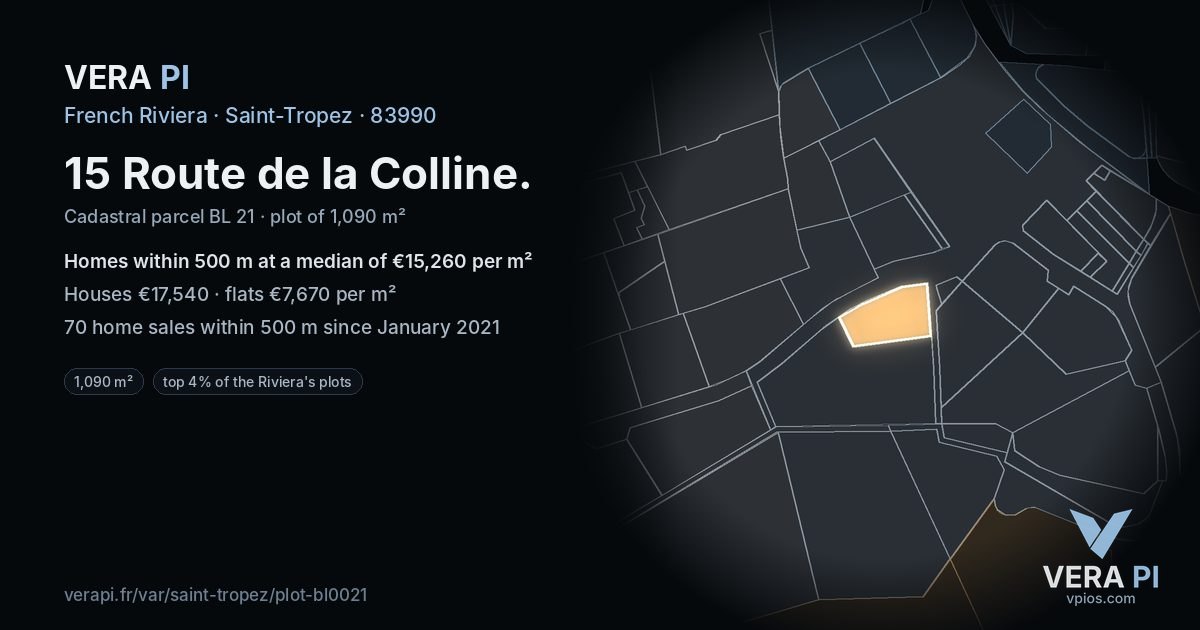 15 Route de la Colline, Saint-Tropez at night – the plot lit, the parcels around coloured by the prices near them