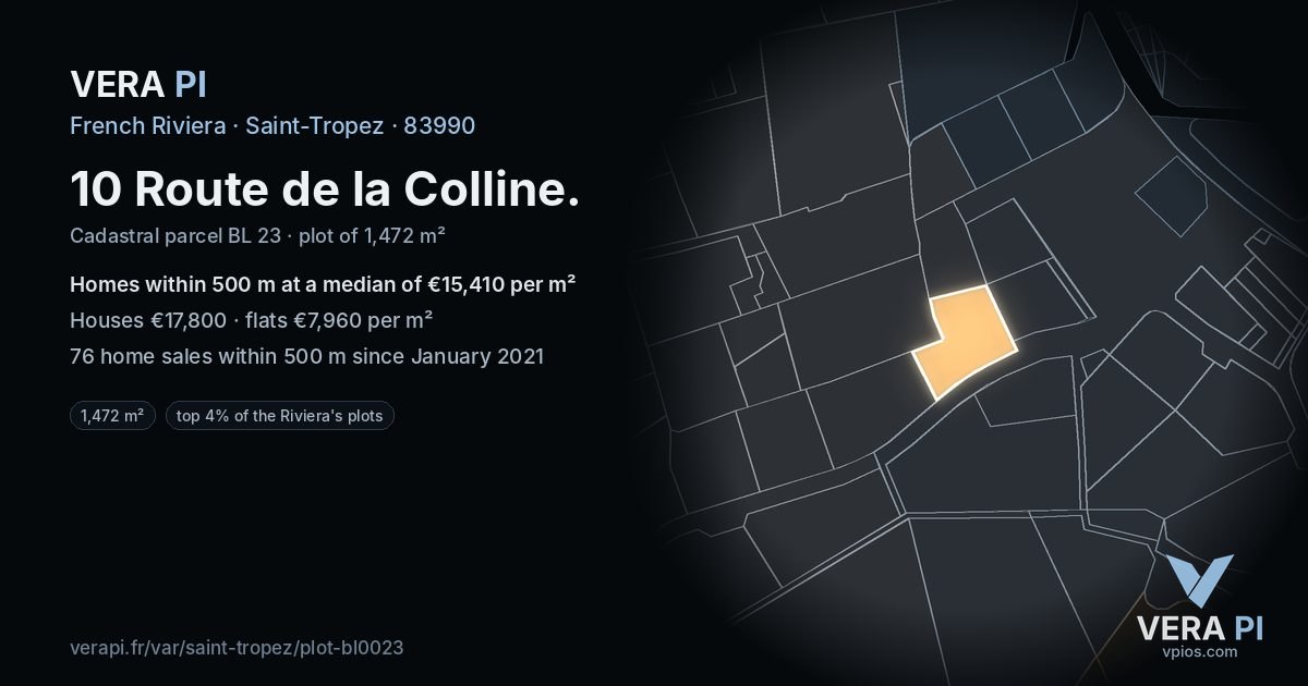 10 Route de la Colline, Saint-Tropez at night – the plot lit, the parcels around coloured by the prices near them