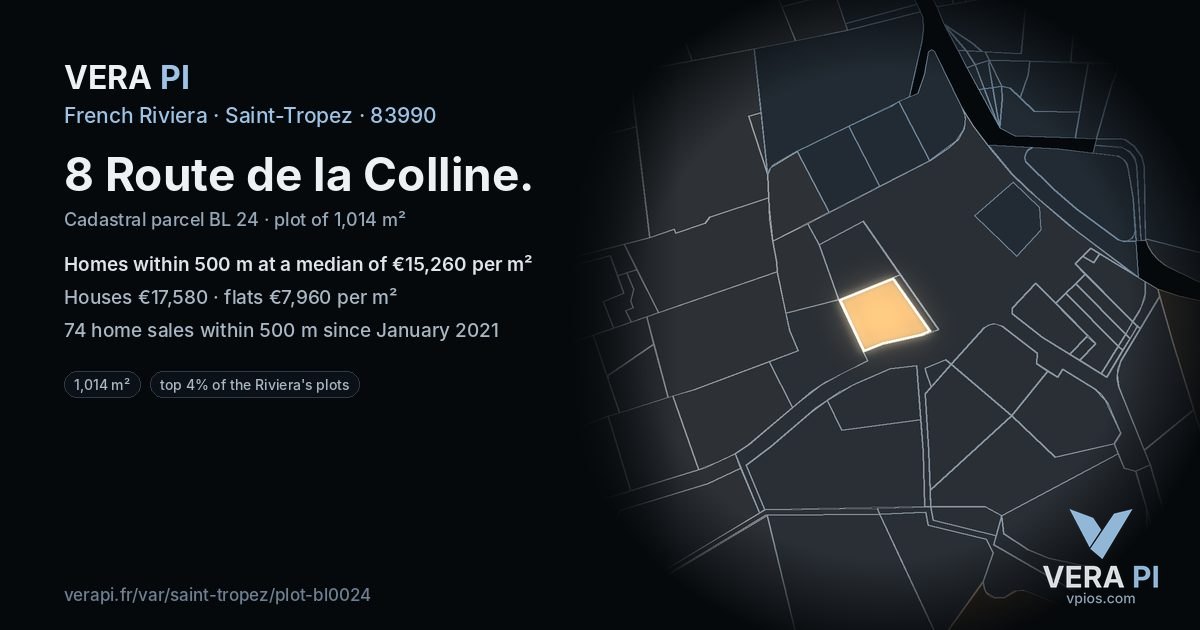 8 Route de la Colline, Saint-Tropez at night – the plot lit, the parcels around coloured by the prices near them