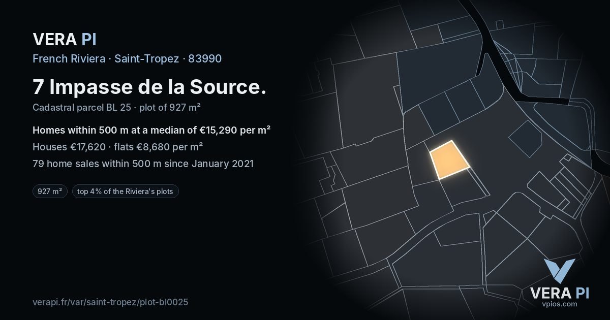 7 Impasse de la Source, Saint-Tropez at night – the plot lit, the parcels around coloured by the prices near them
