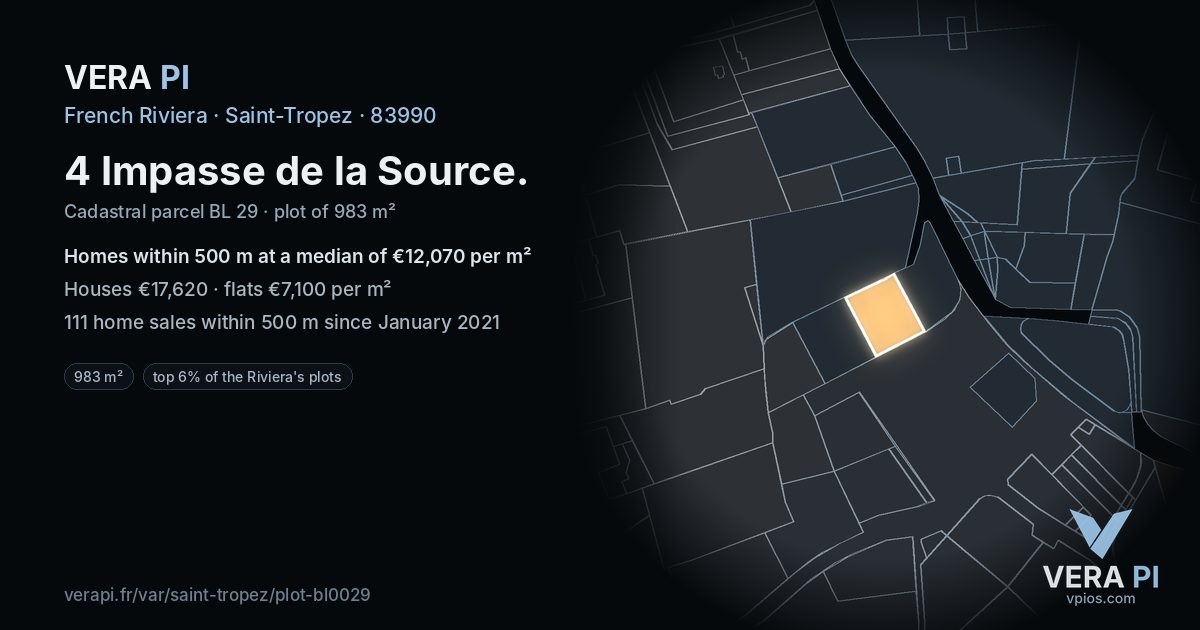 4 Impasse de la Source, Saint-Tropez at night – the plot lit, the parcels around coloured by the prices near them