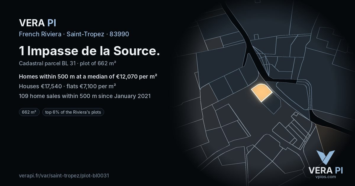 1 Impasse de la Source, Saint-Tropez at night – the plot lit, the parcels around coloured by the prices near them