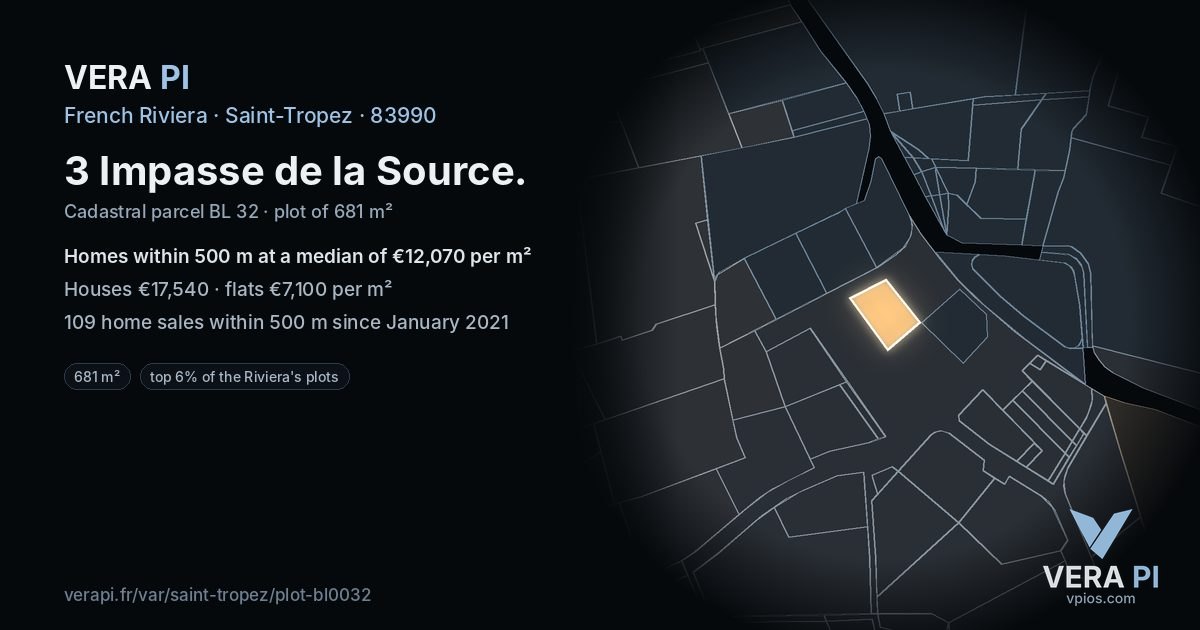 3 Impasse de la Source, Saint-Tropez at night – the plot lit, the parcels around coloured by the prices near them