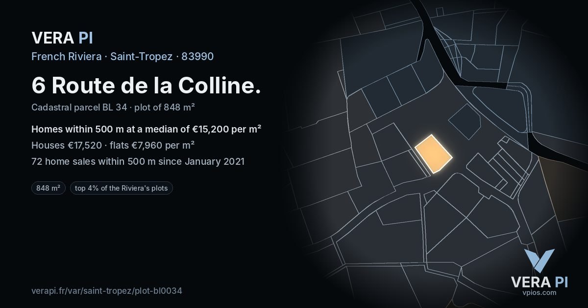 6 Route de la Colline, Saint-Tropez at night – the plot lit, the parcels around coloured by the prices near them