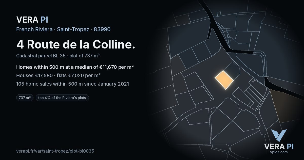 4 Route de la Colline, Saint-Tropez at night – the plot lit, the parcels around coloured by the prices near them
