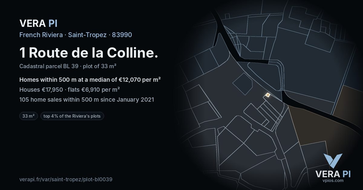 1 Route de la Colline, Saint-Tropez at night – the plot lit, the parcels around coloured by the prices near them