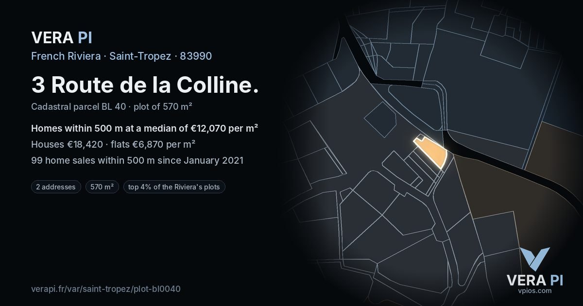 3 Route de la Colline, Saint-Tropez at night – the plot lit, the parcels around coloured by the prices near them