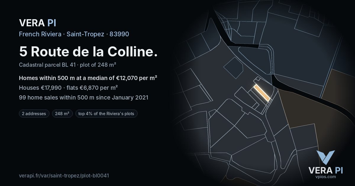 5 Route de la Colline, Saint-Tropez at night – the plot lit, the parcels around coloured by the prices near them
