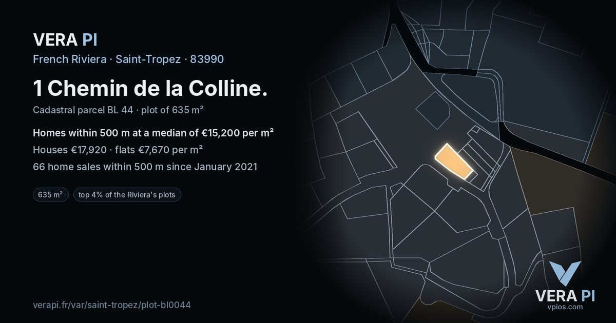 1 Chemin de la Colline, Saint-Tropez at night – the plot lit, the parcels around coloured by the prices near them