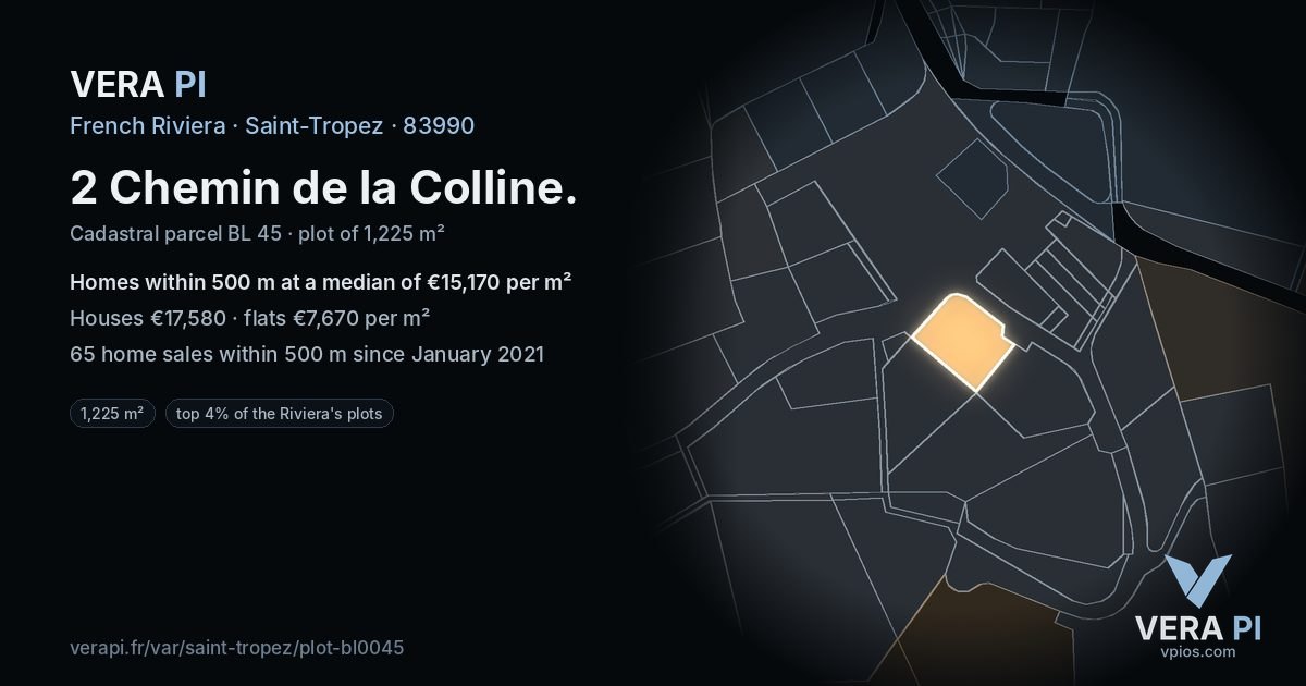 2 Chemin de la Colline, Saint-Tropez at night – the plot lit, the parcels around coloured by the prices near them