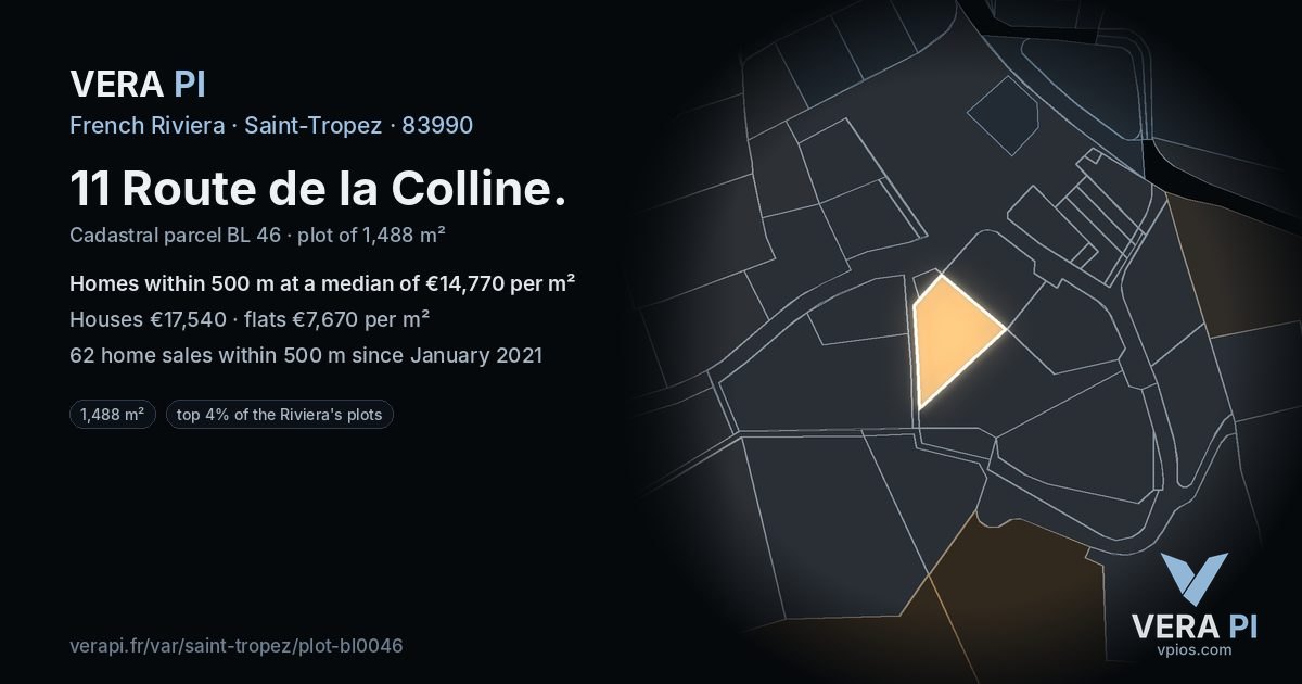 11 Route de la Colline, Saint-Tropez at night – the plot lit, the parcels around coloured by the prices near them