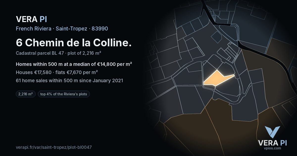 6 Chemin de la Colline, Saint-Tropez at night – the plot lit, the parcels around coloured by the prices near them