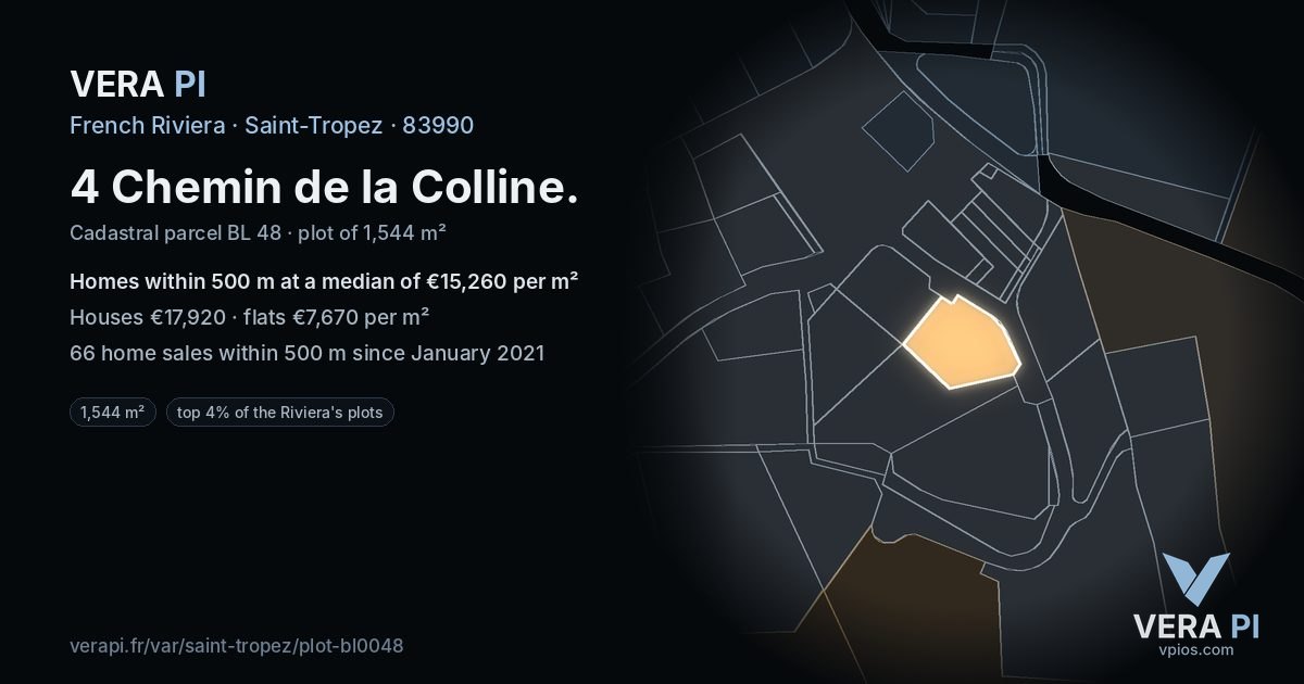 4 Chemin de la Colline, Saint-Tropez at night – the plot lit, the parcels around coloured by the prices near them