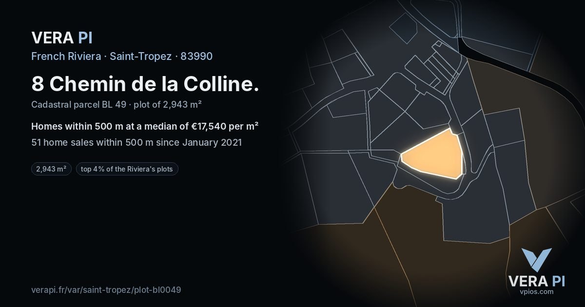8 Chemin de la Colline, Saint-Tropez at night – the plot lit, the parcels around coloured by the prices near them