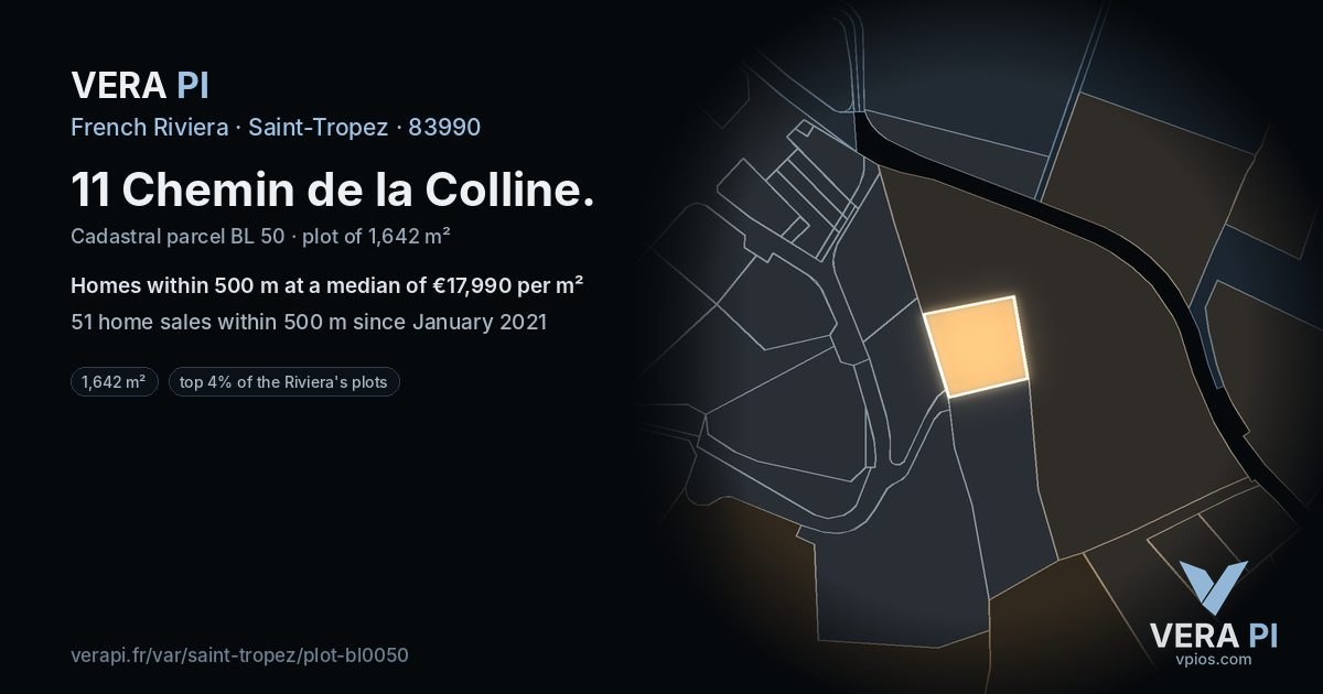 11 Chemin de la Colline, Saint-Tropez at night – the plot lit, the parcels around coloured by the prices near them