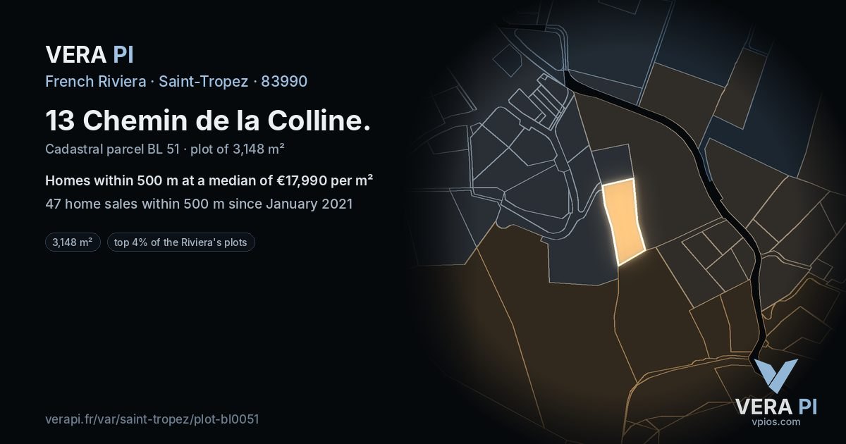 13 Chemin de la Colline, Saint-Tropez at night – the plot lit, the parcels around coloured by the prices near them