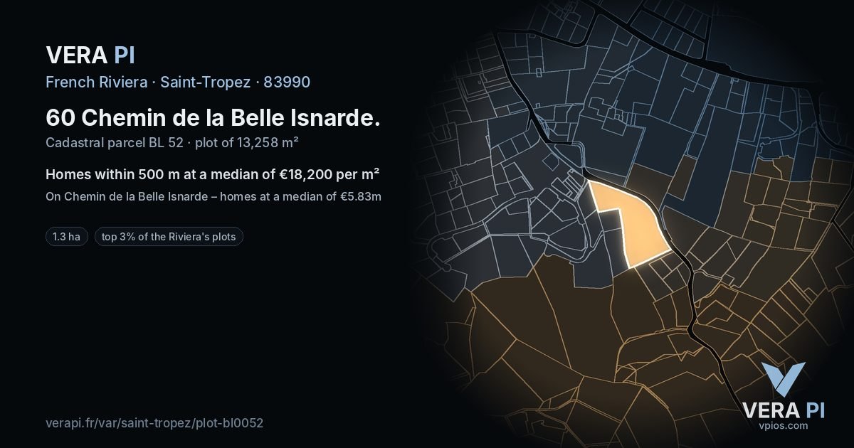 60 Chemin de la Belle Isnarde, Saint-Tropez at night – the plot lit, the parcels around coloured by the prices near them