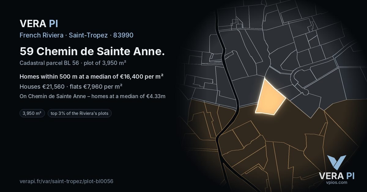 59 Chemin de Sainte Anne, Saint-Tropez at night – the plot lit, the parcels around coloured by the prices near them
