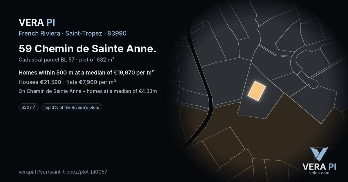 59 Chemin de Sainte Anne, Saint-Tropez at night – the plot lit, the parcels around coloured by the prices near them