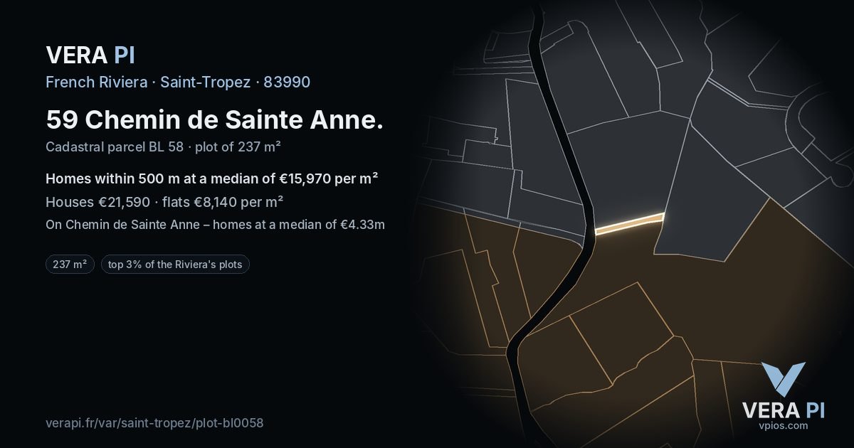 59 Chemin de Sainte Anne, Saint-Tropez at night – the plot lit, the parcels around coloured by the prices near them