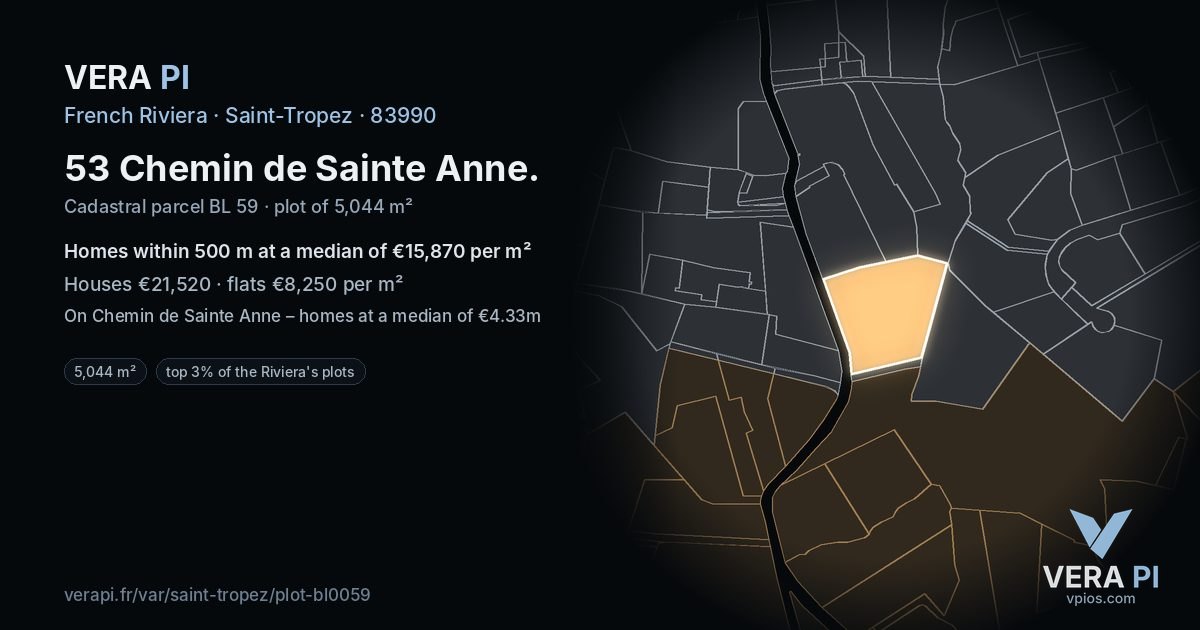 53 Chemin de Sainte Anne, Saint-Tropez at night – the plot lit, the parcels around coloured by the prices near them