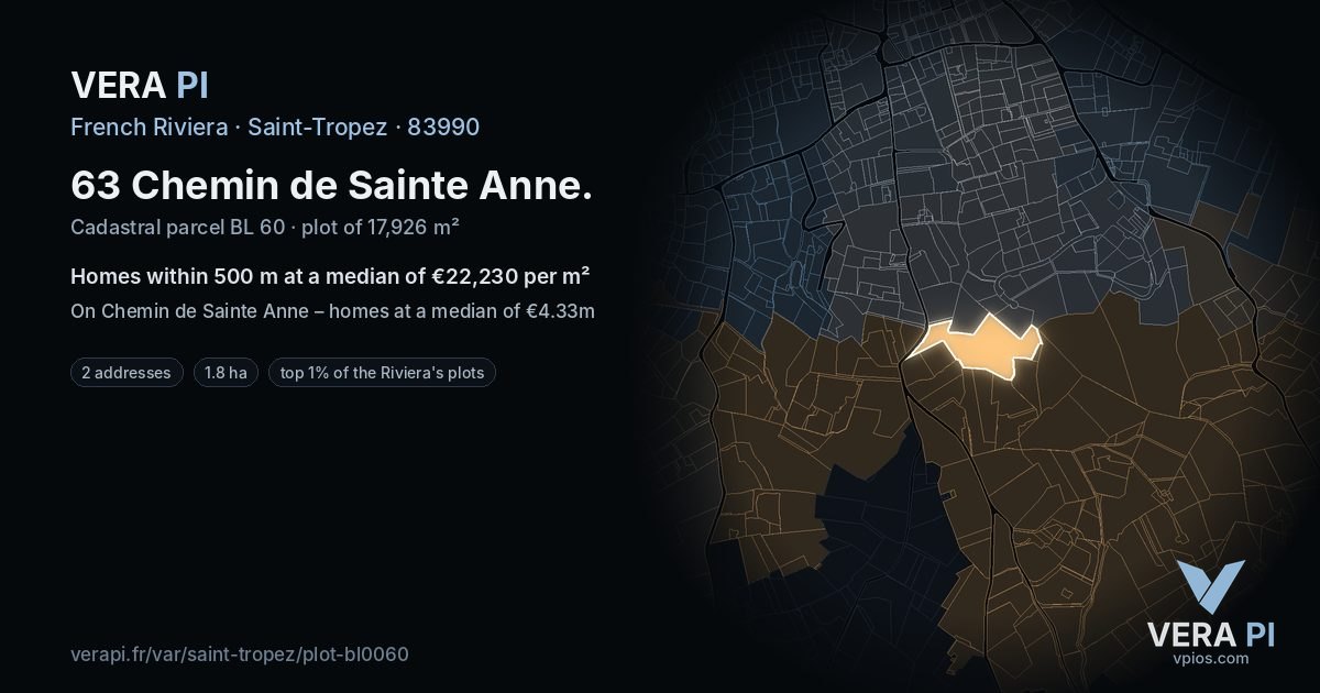 63 Chemin de Sainte Anne, Saint-Tropez at night – the plot lit, the parcels around coloured by the prices near them