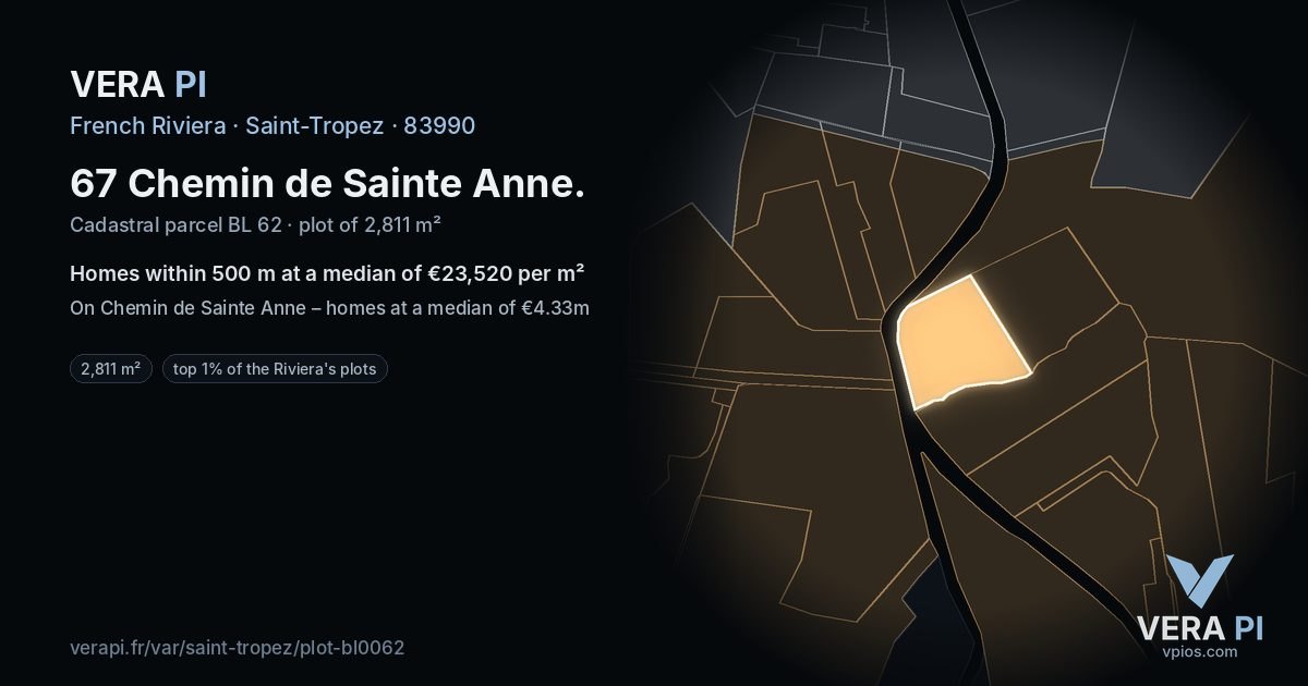 67 Chemin de Sainte Anne, Saint-Tropez at night – the plot lit, the parcels around coloured by the prices near them
