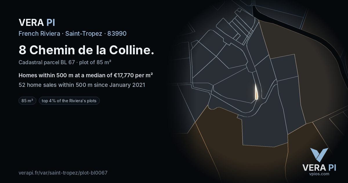8 Chemin de la Colline, Saint-Tropez at night – the plot lit, the parcels around coloured by the prices near them