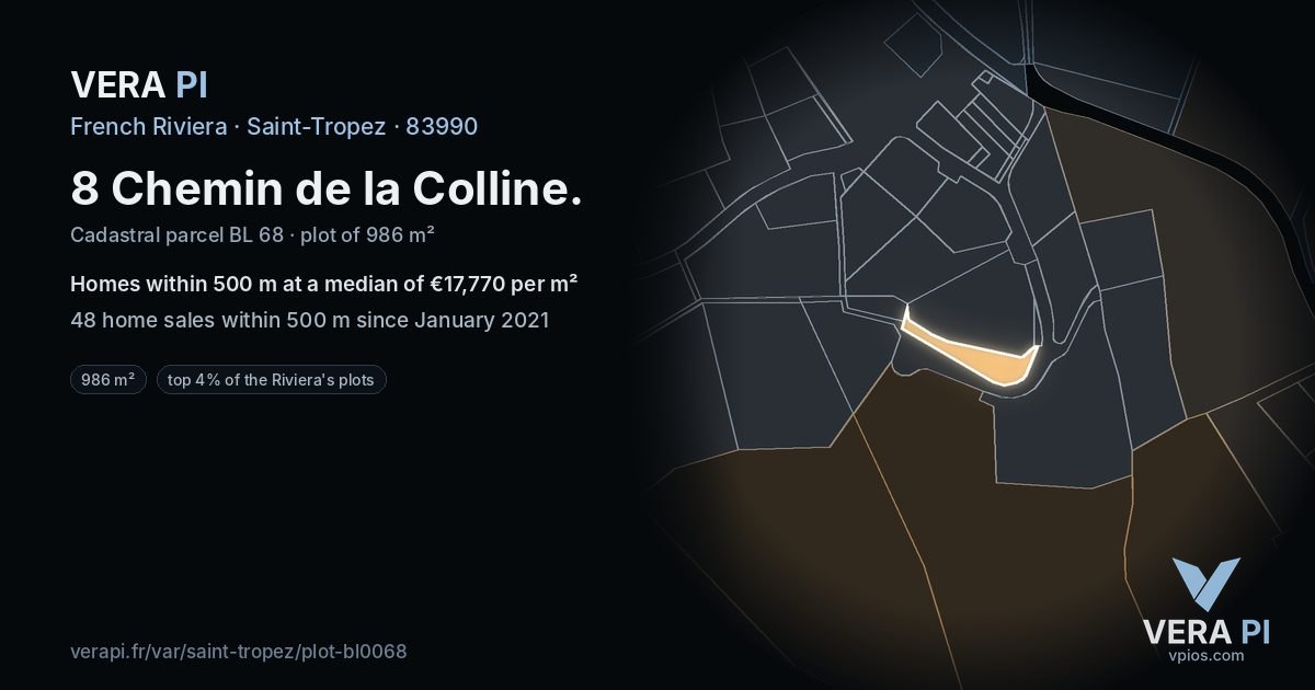 8 Chemin de la Colline, Saint-Tropez at night – the plot lit, the parcels around coloured by the prices near them