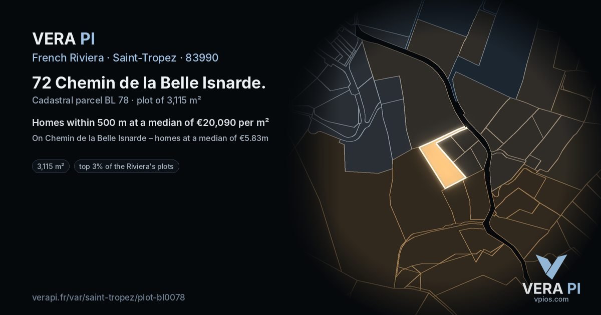 72 Chemin de la Belle Isnarde, Saint-Tropez at night – the plot lit, the parcels around coloured by the prices near them
