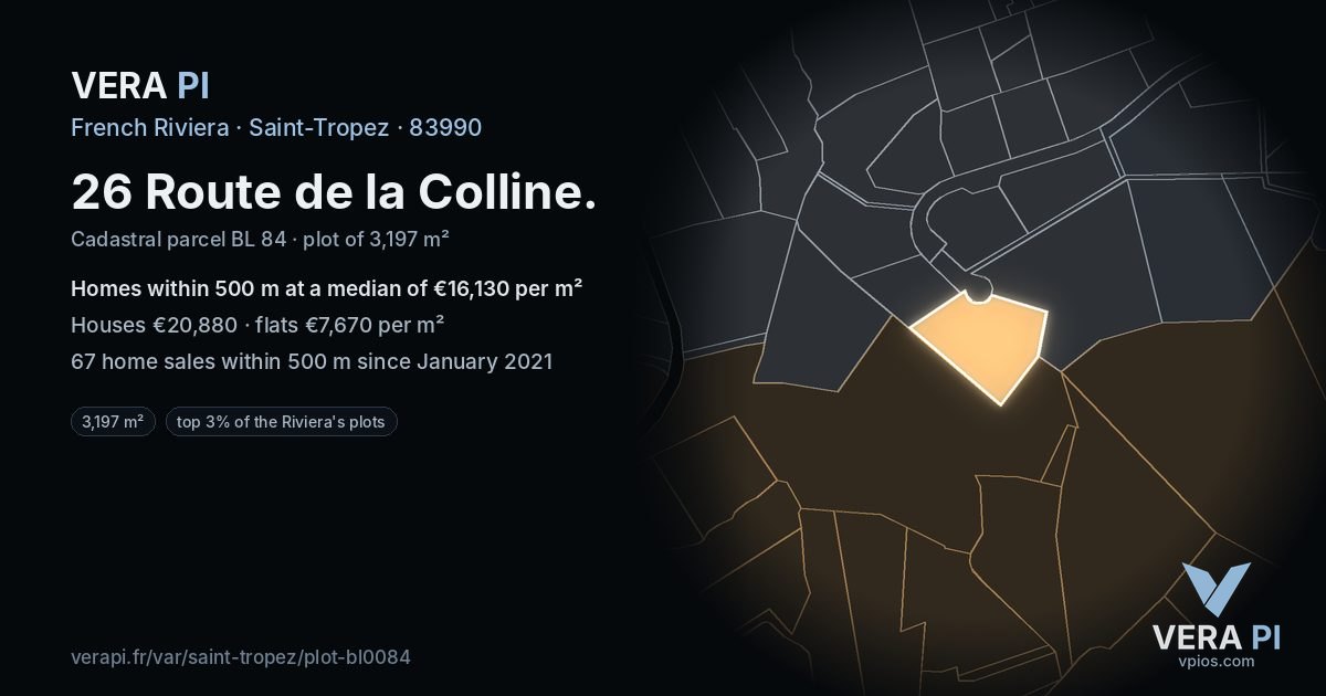 26 Route de la Colline, Saint-Tropez at night – the plot lit, the parcels around coloured by the prices near them