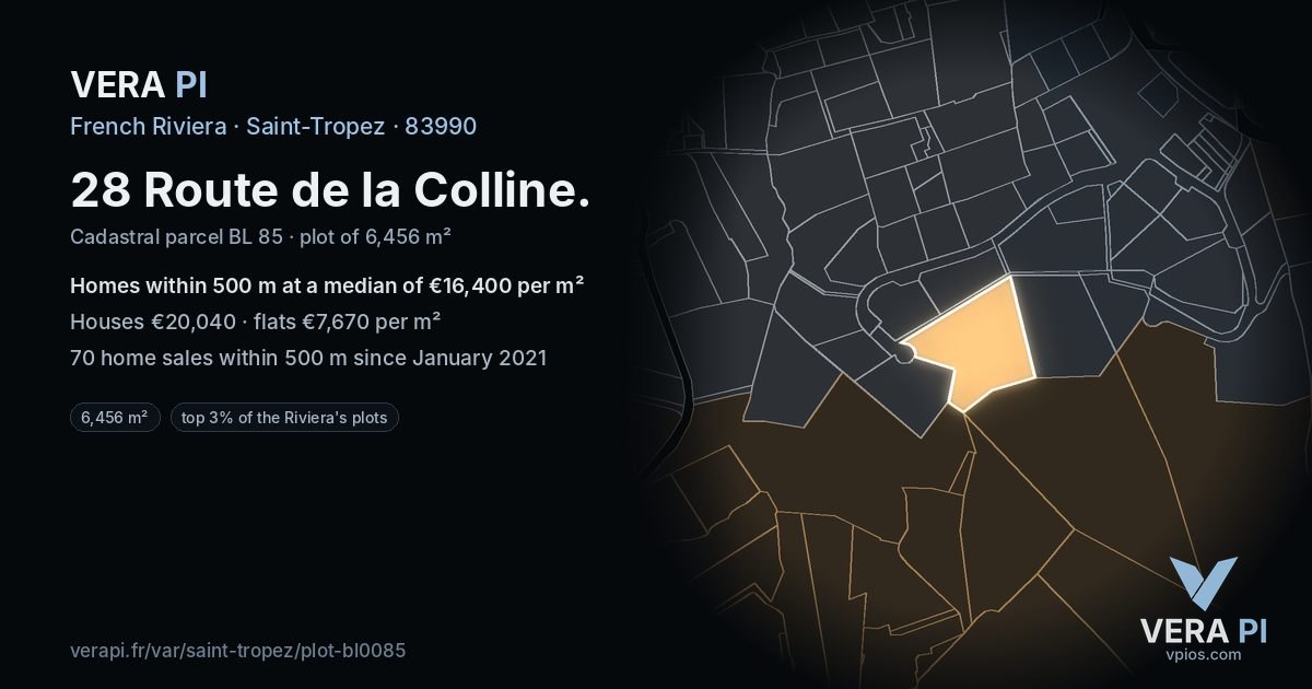 28 Route de la Colline, Saint-Tropez at night – the plot lit, the parcels around coloured by the prices near them