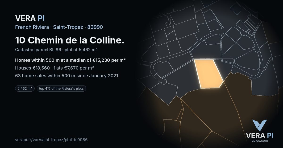 10 Chemin de la Colline, Saint-Tropez at night – the plot lit, the parcels around coloured by the prices near them