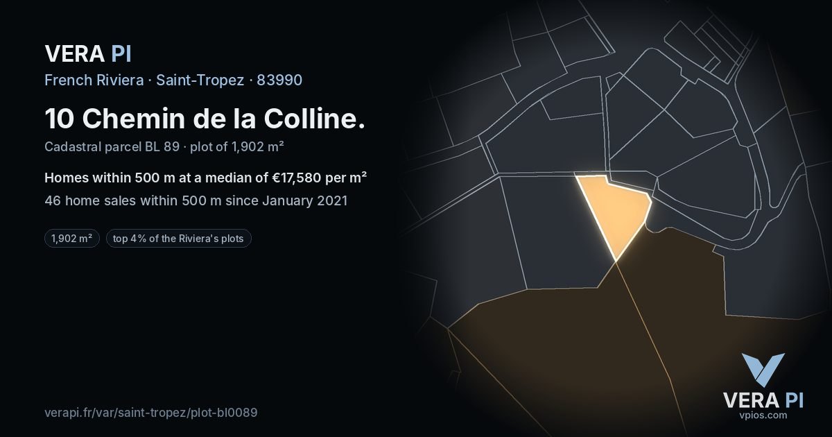 10 Chemin de la Colline, Saint-Tropez at night – the plot lit, the parcels around coloured by the prices near them